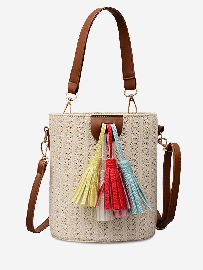Sale Tassels Decoration Bucket Shaped Straw Casual Tote Bag  