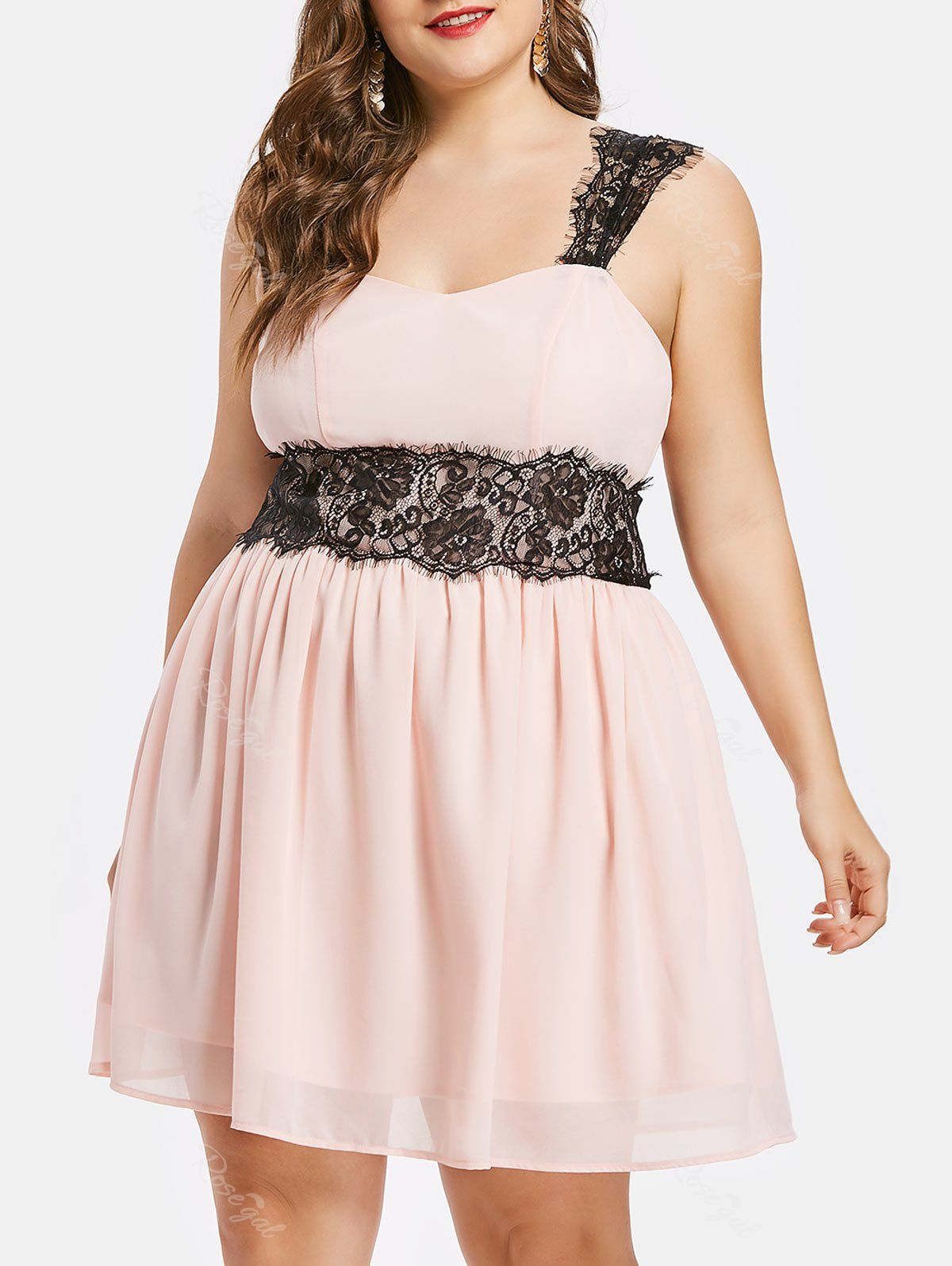 

Plus Size Lace Panel Fit and Flare Dress, Pink bubblegum