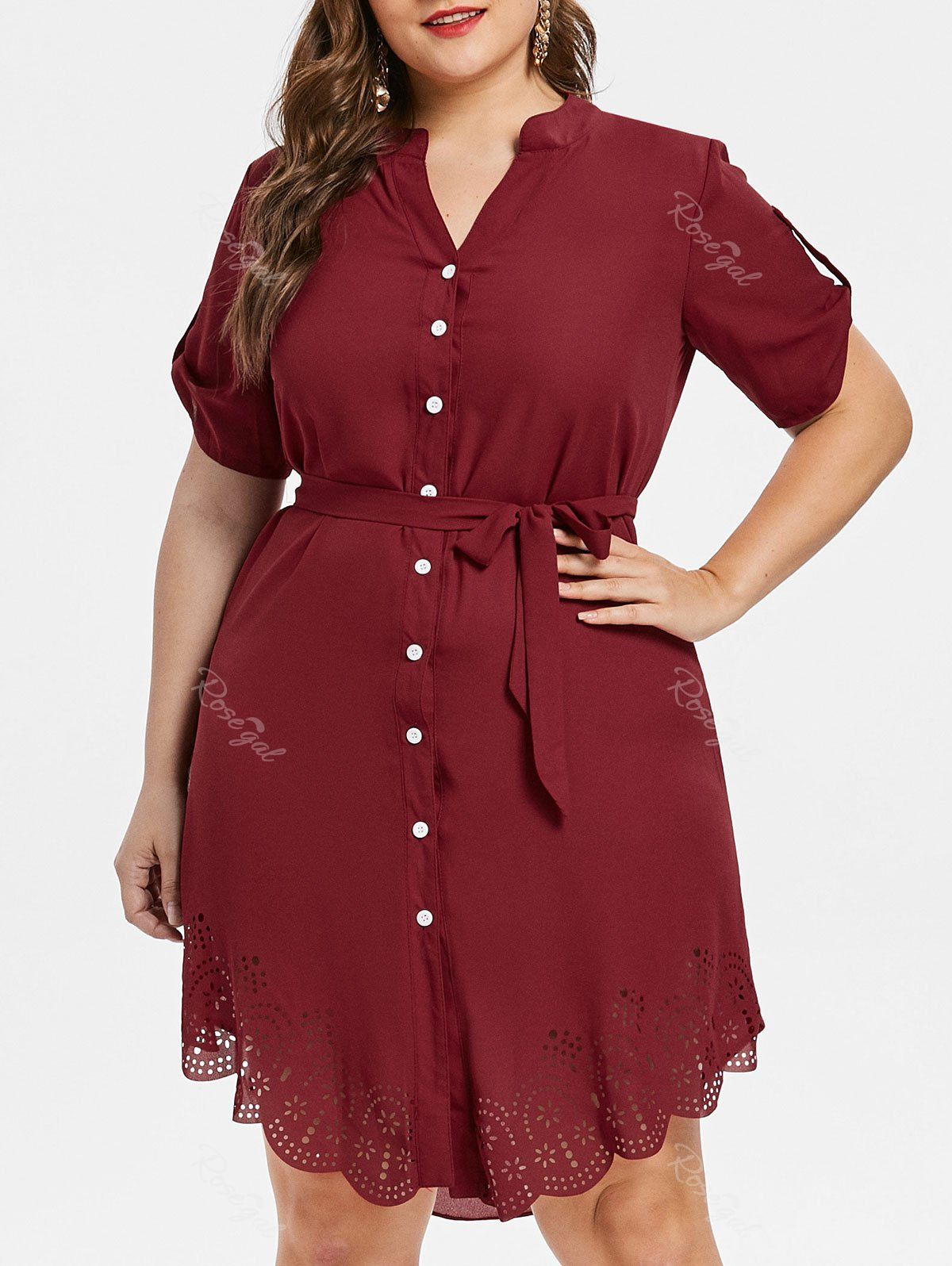 

Laser Cut Button Up Plus Size Dress, Red wine