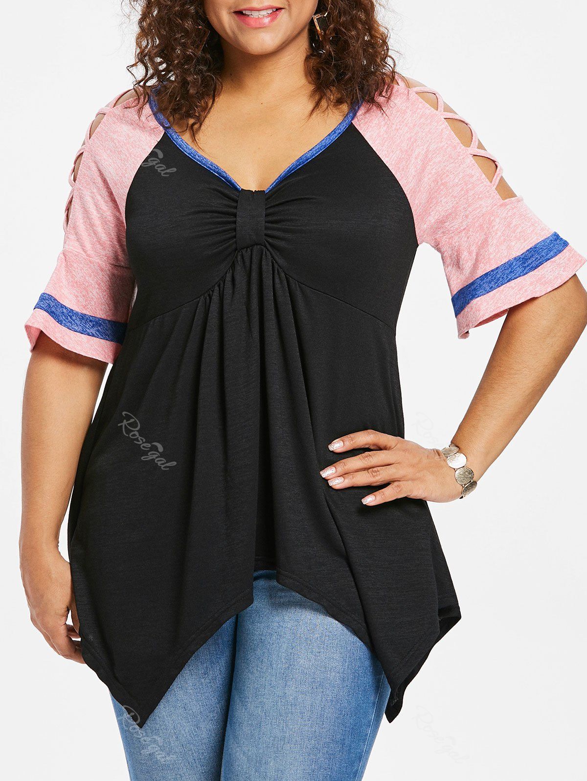 

Plus Size Raglan Sleeve Handkerchief T-shirt, Black