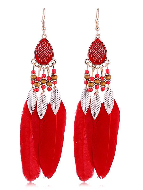 

Unique Beaded Feather Boho Earrings, Red