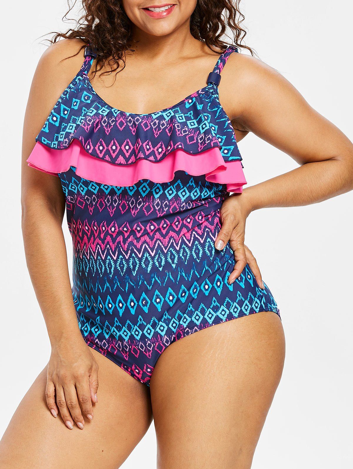 

Plus Size Flounce Geometric One Piece Swimsuit, Blue