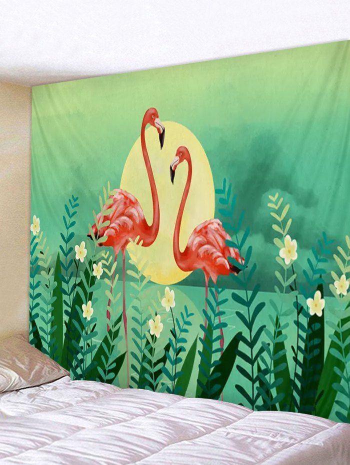 

Wall Hanging Art Moon Flamingo Print Tapestry, Green