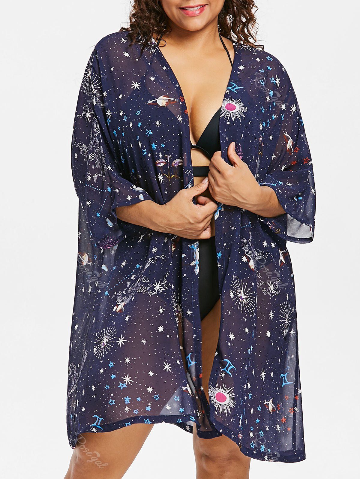 

Plus Size Star Print Kimono Cover Up, Blue