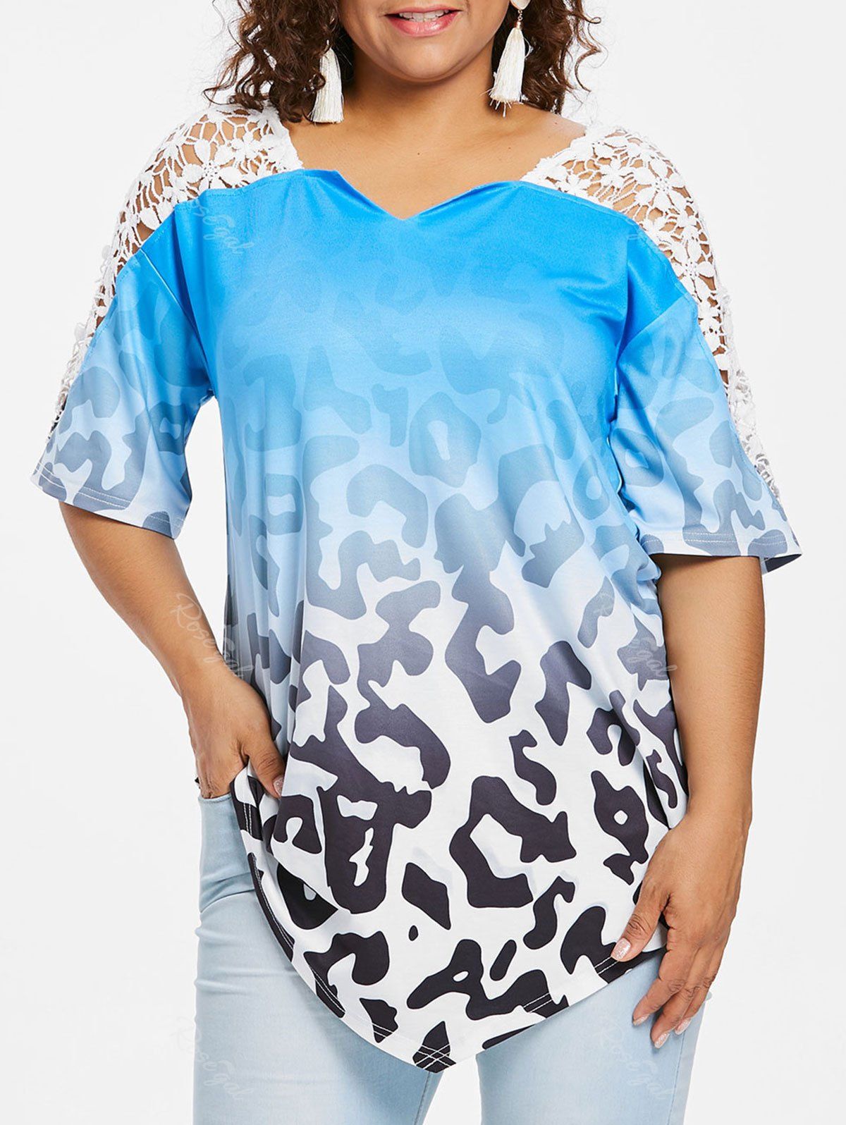 

Plus Size Lace Insert Ombre Print Top, Sky blue