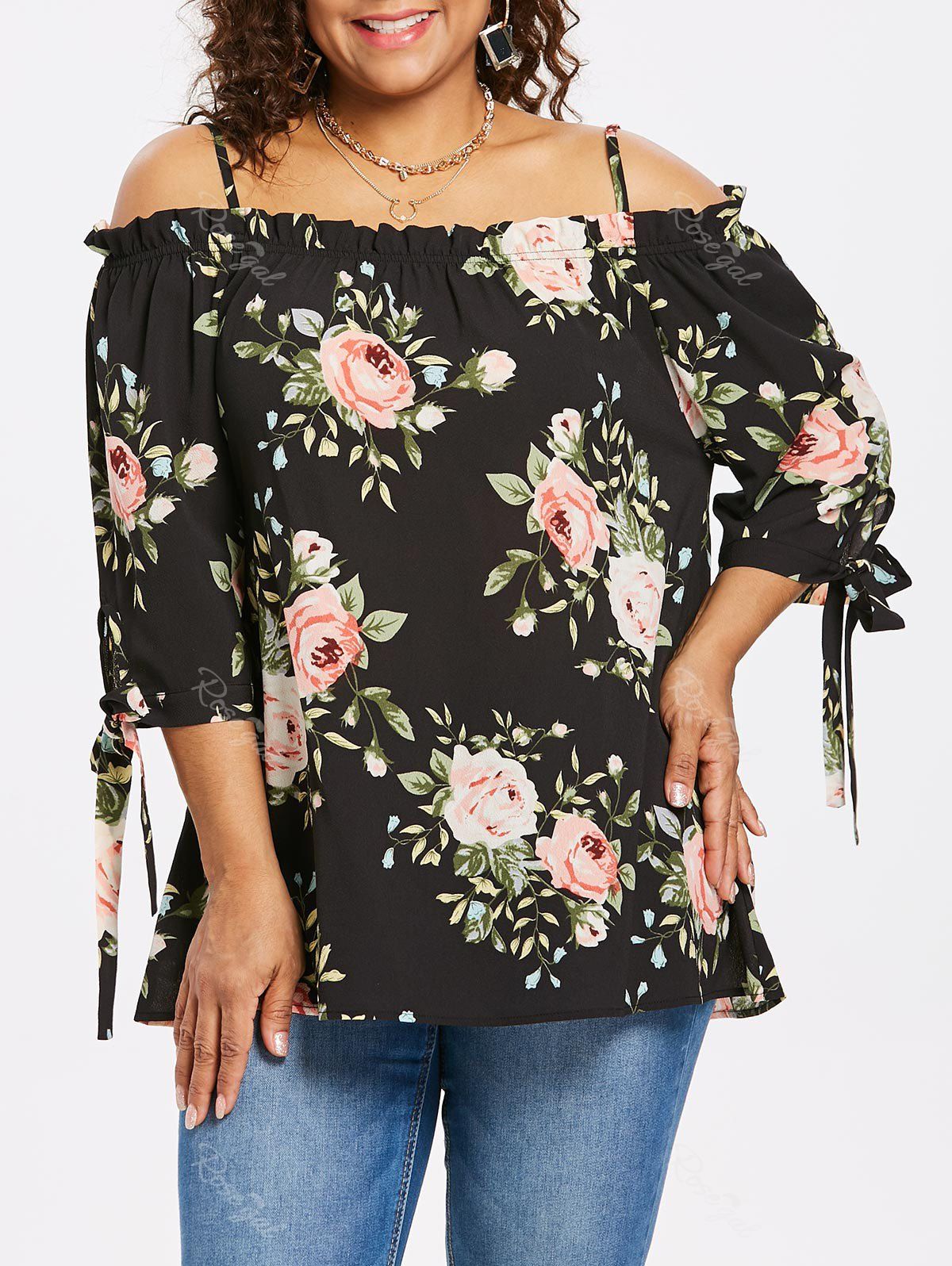

Plus Size Print Open Shoulder Blouse, Black