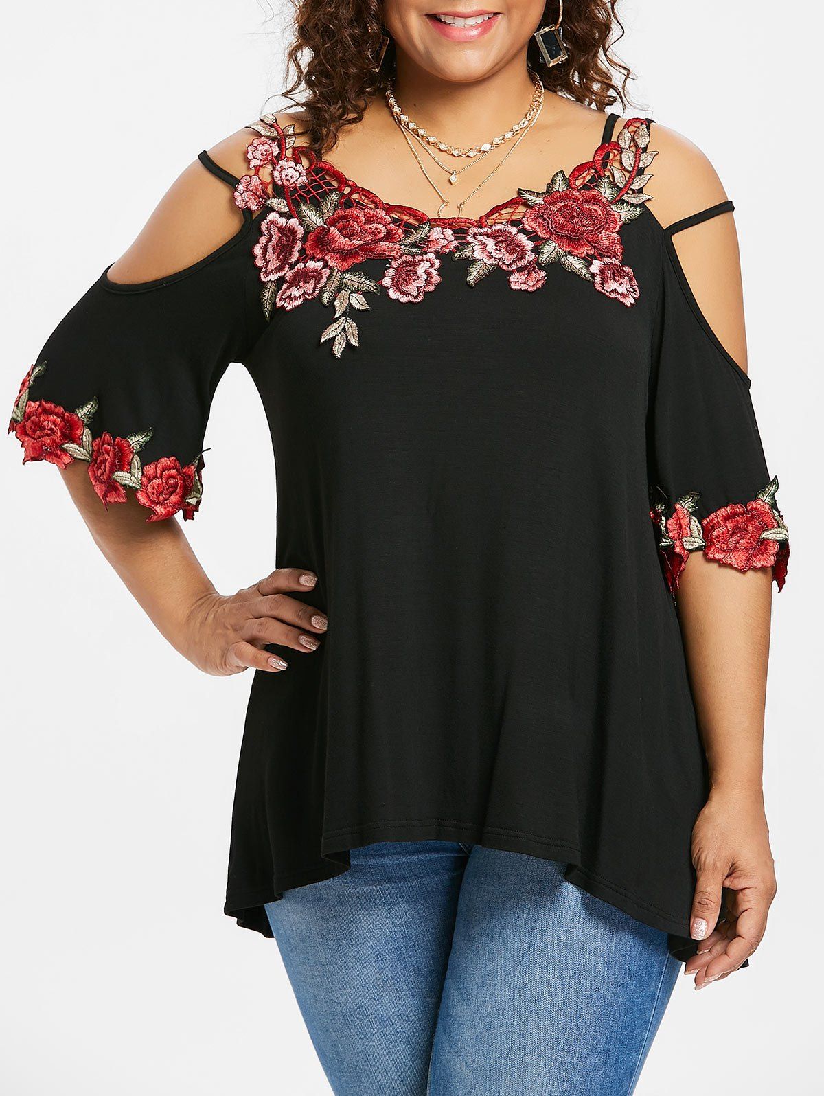 

Plus Size Cold Shoulder Dip Hem T-shirt, Black