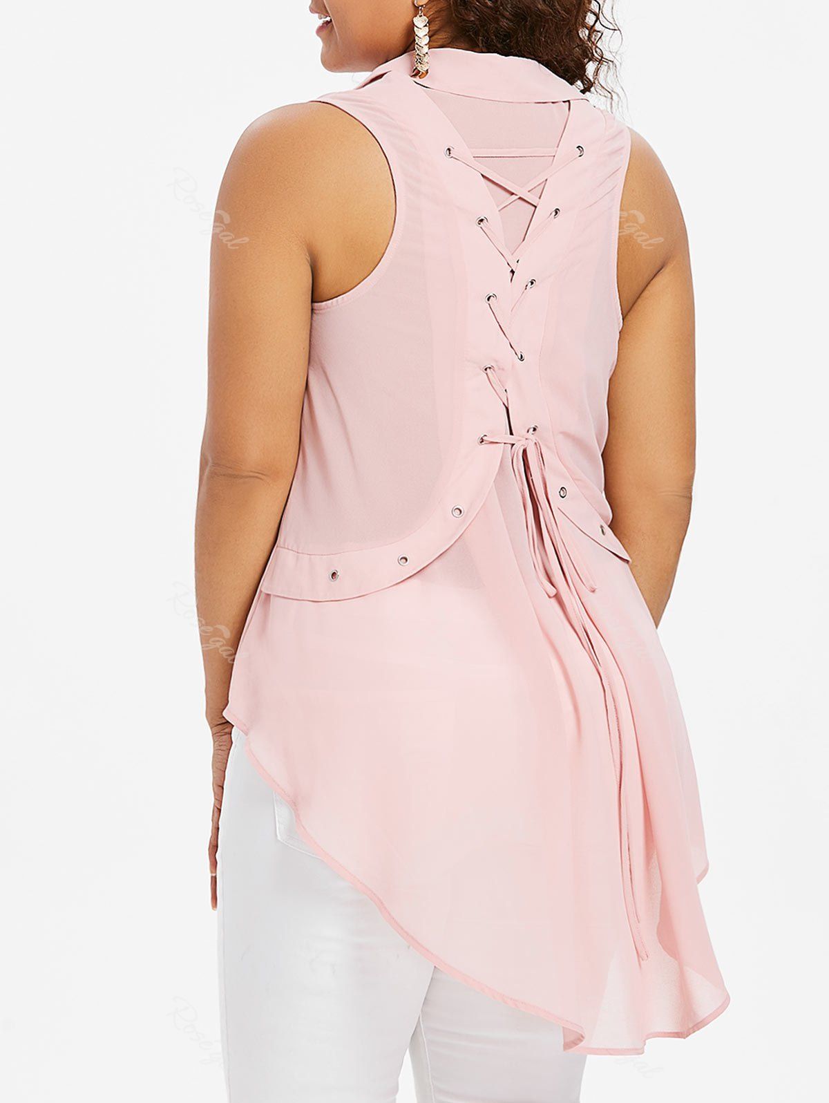 

Plus Size Sleeveless Back Lace Up Blouse, Light pink