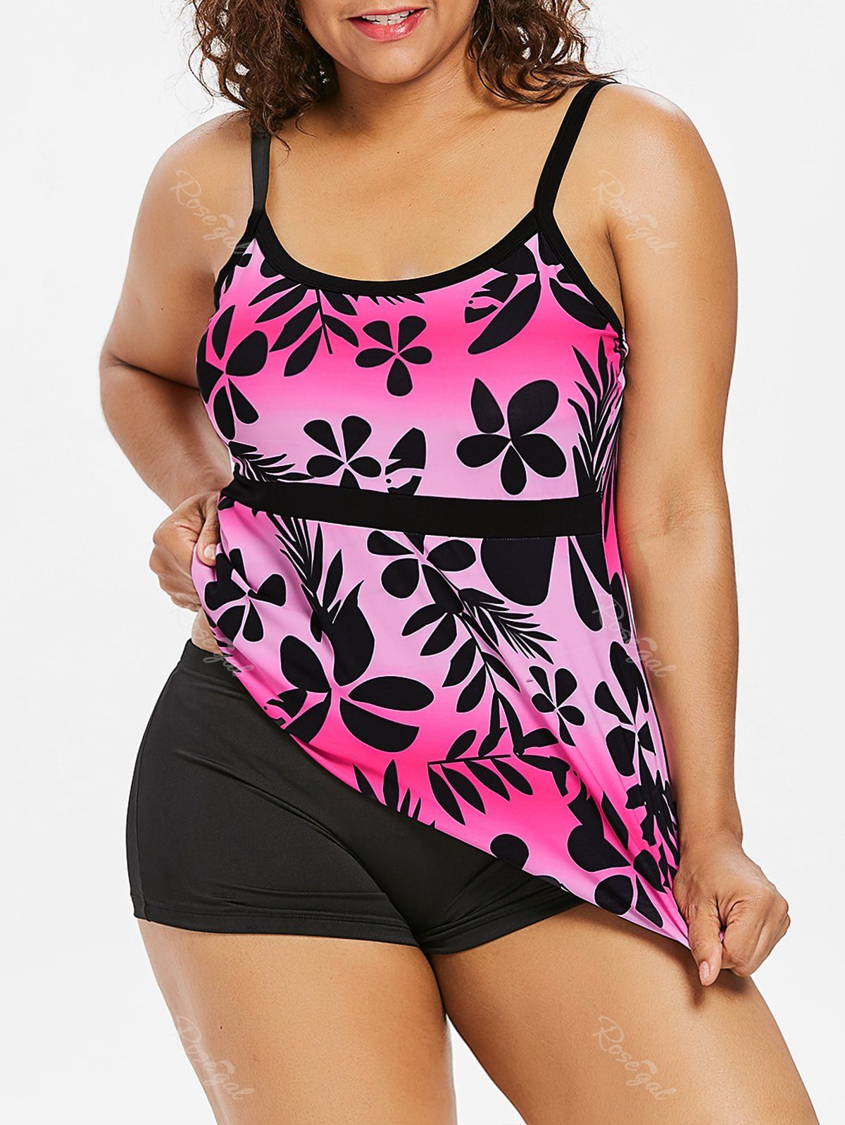 

Leaf Print Plus Size High Waist Tankini Set, Multi