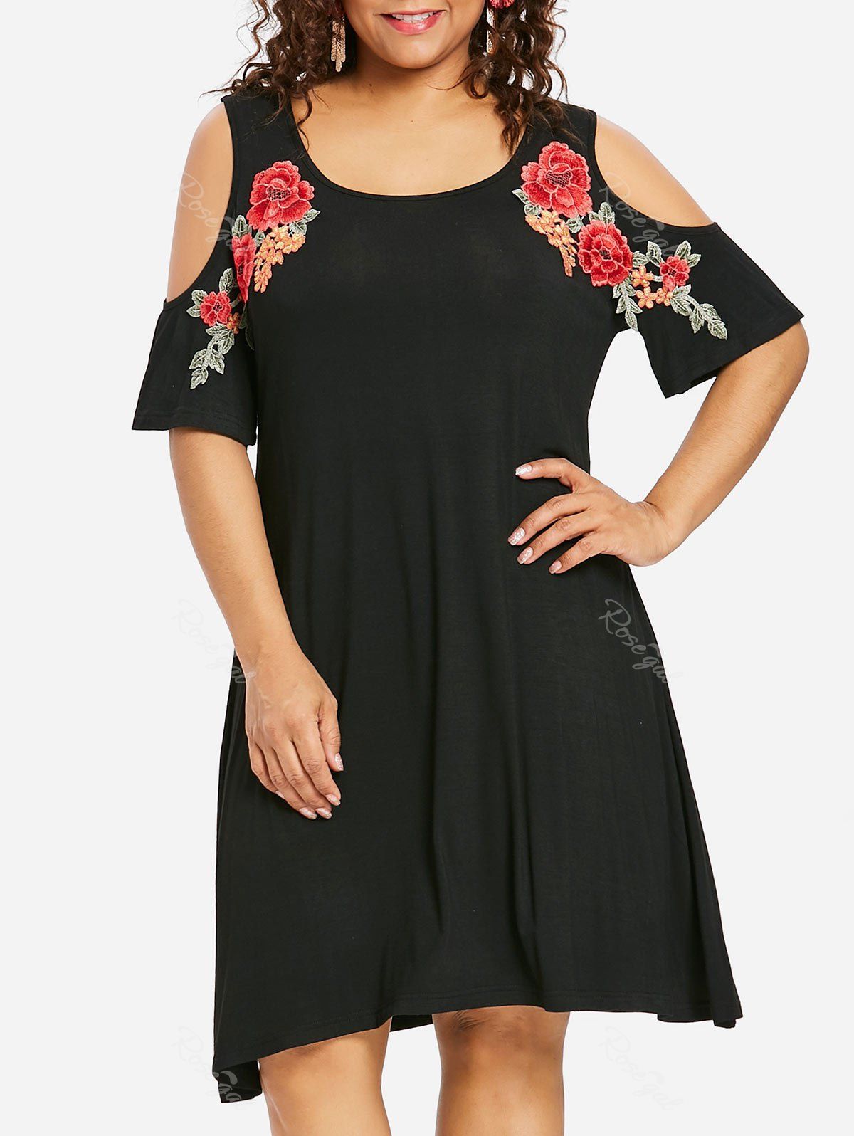 

Plus Size Embroidery Knee Length Tee Dress, Black