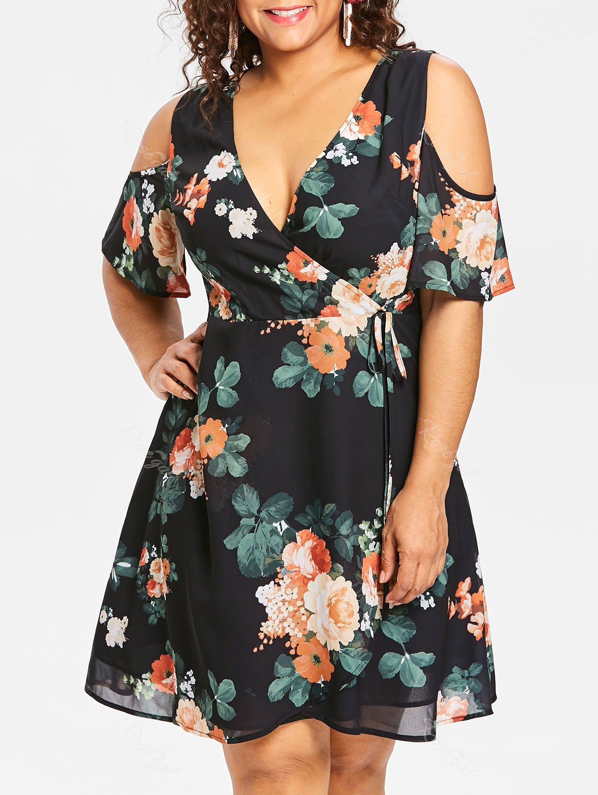 

Plus Size Floral Cold Shoulder Deep Surplice Dress, Black