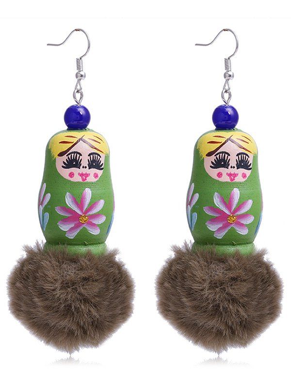 

Vintage Fuzzy Ball Decorative Russian Doll Hook Earrings, Green