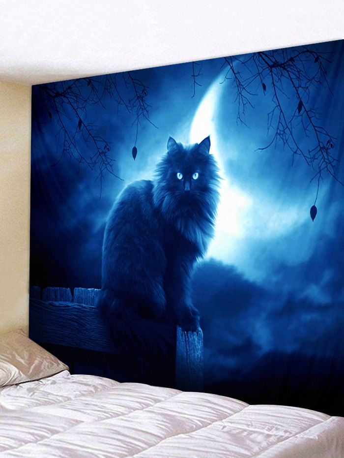 

Wall Hanging Art Night Cat Print Tapestry, Blue