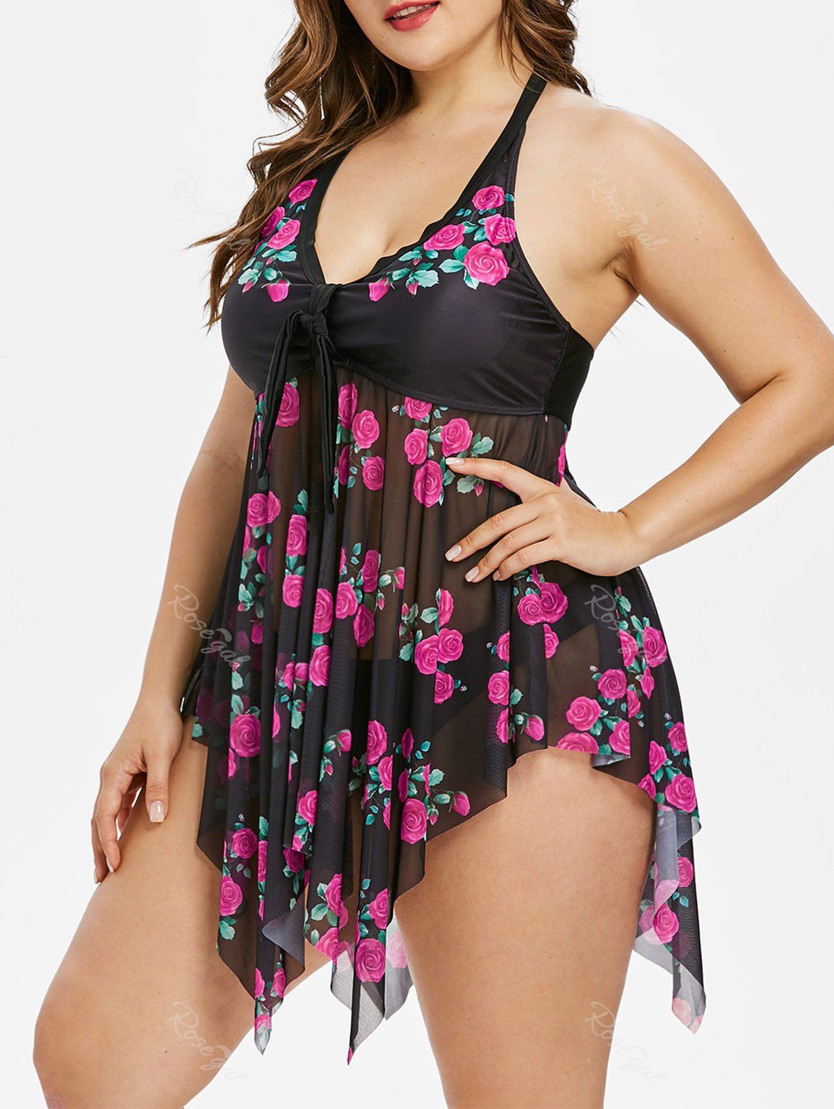 

Plus Size Rose Print Handkerchief Tankini Set, Rose red