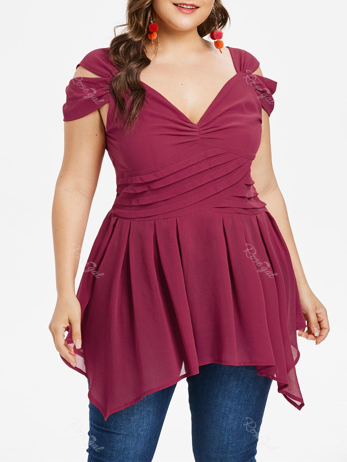 

Plus Size Cap Sleeve Handkerchief Blouse, Red wine