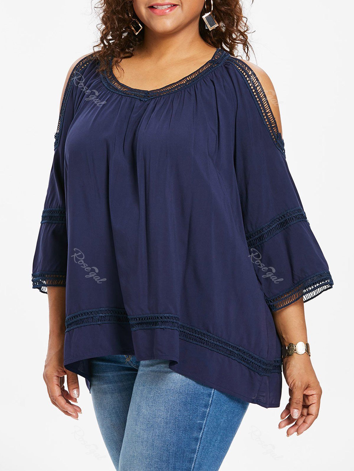 

Open Shoulder Plus Size Crochet Trim Blouse, Cadetblue