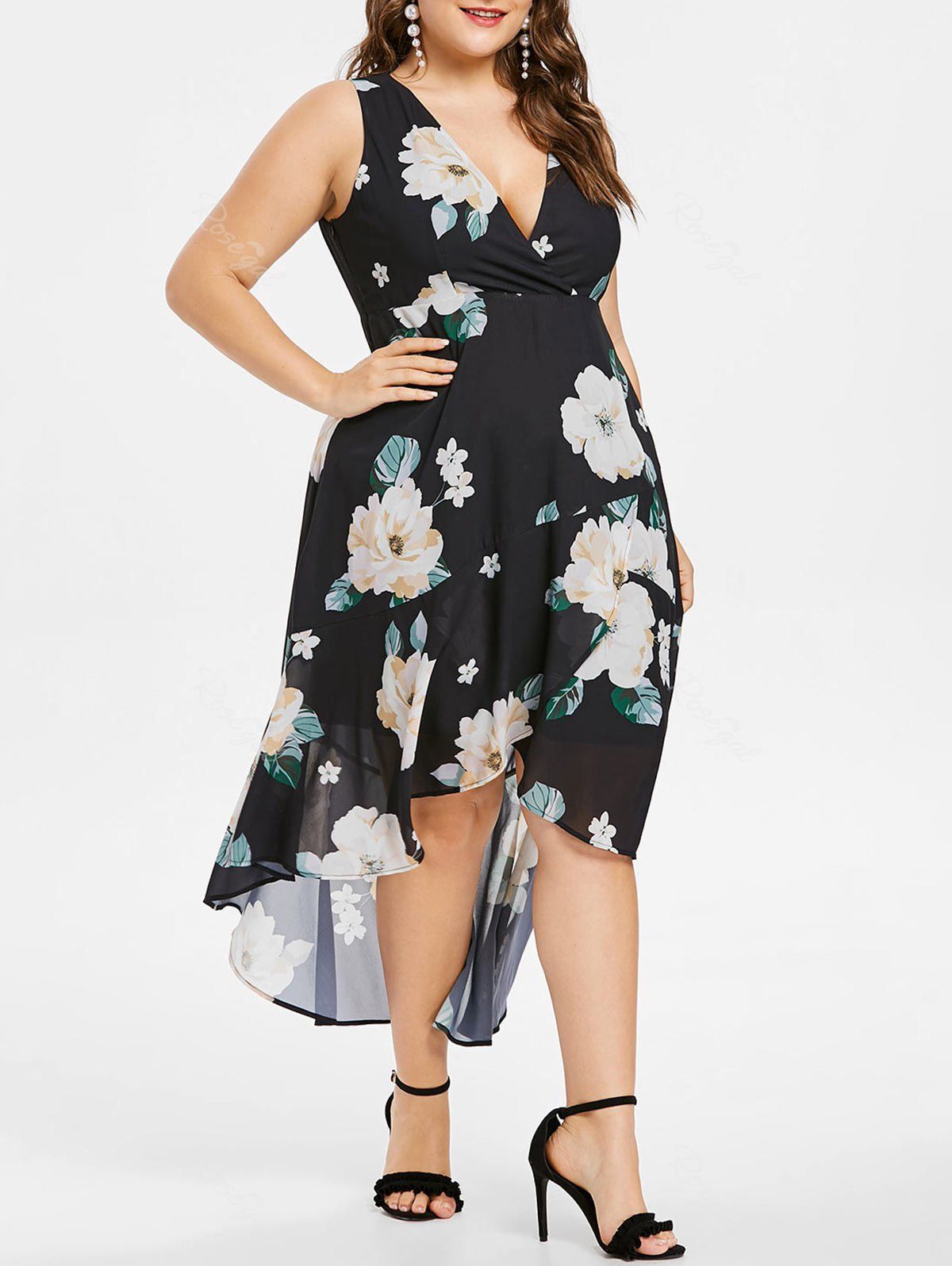 [78% OFF] Plus Size Floral Plunging Neck High Low Dress | Rosegal