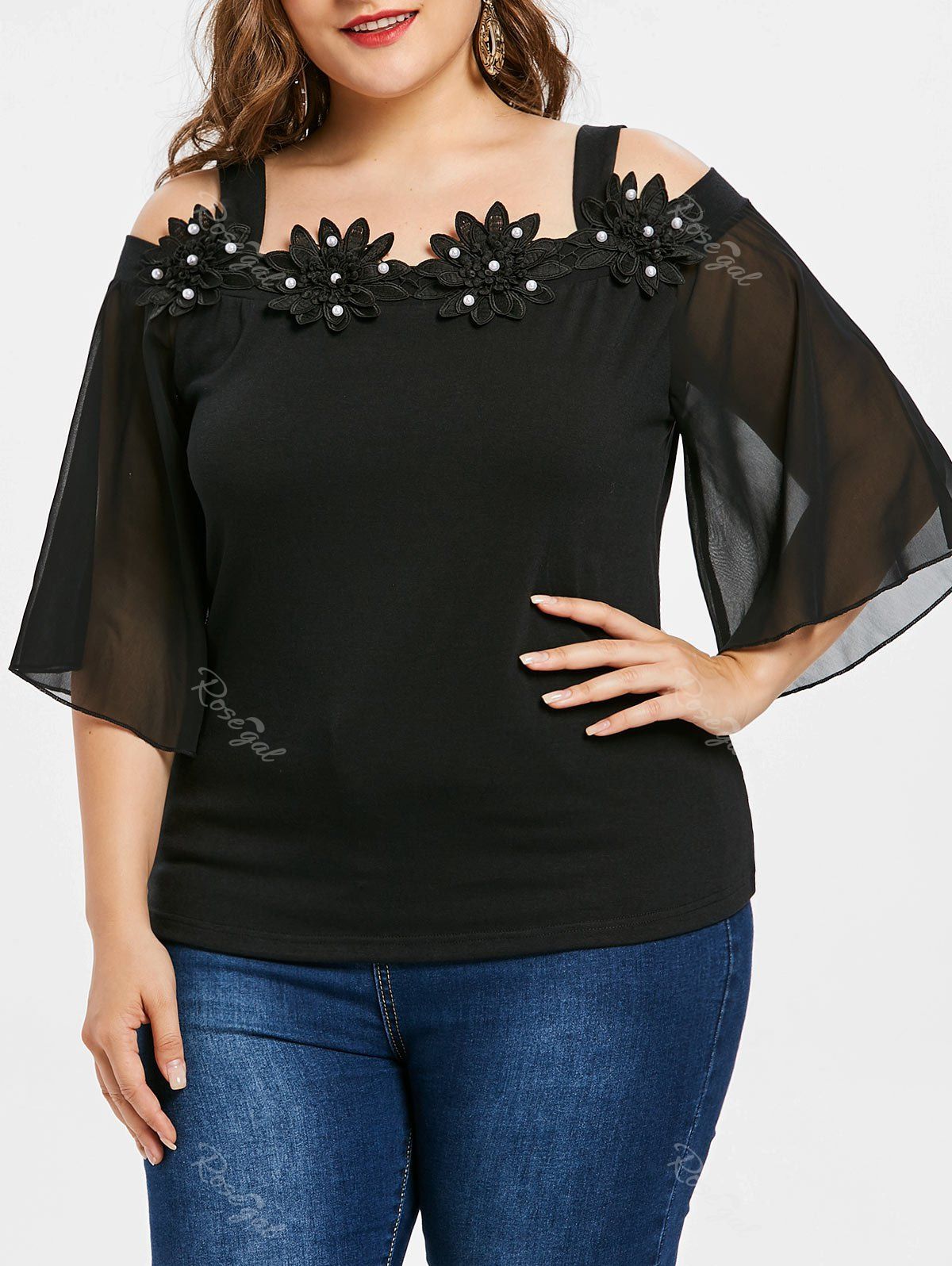 

Plus Size Applique Cold Shoulder Blouse, Black