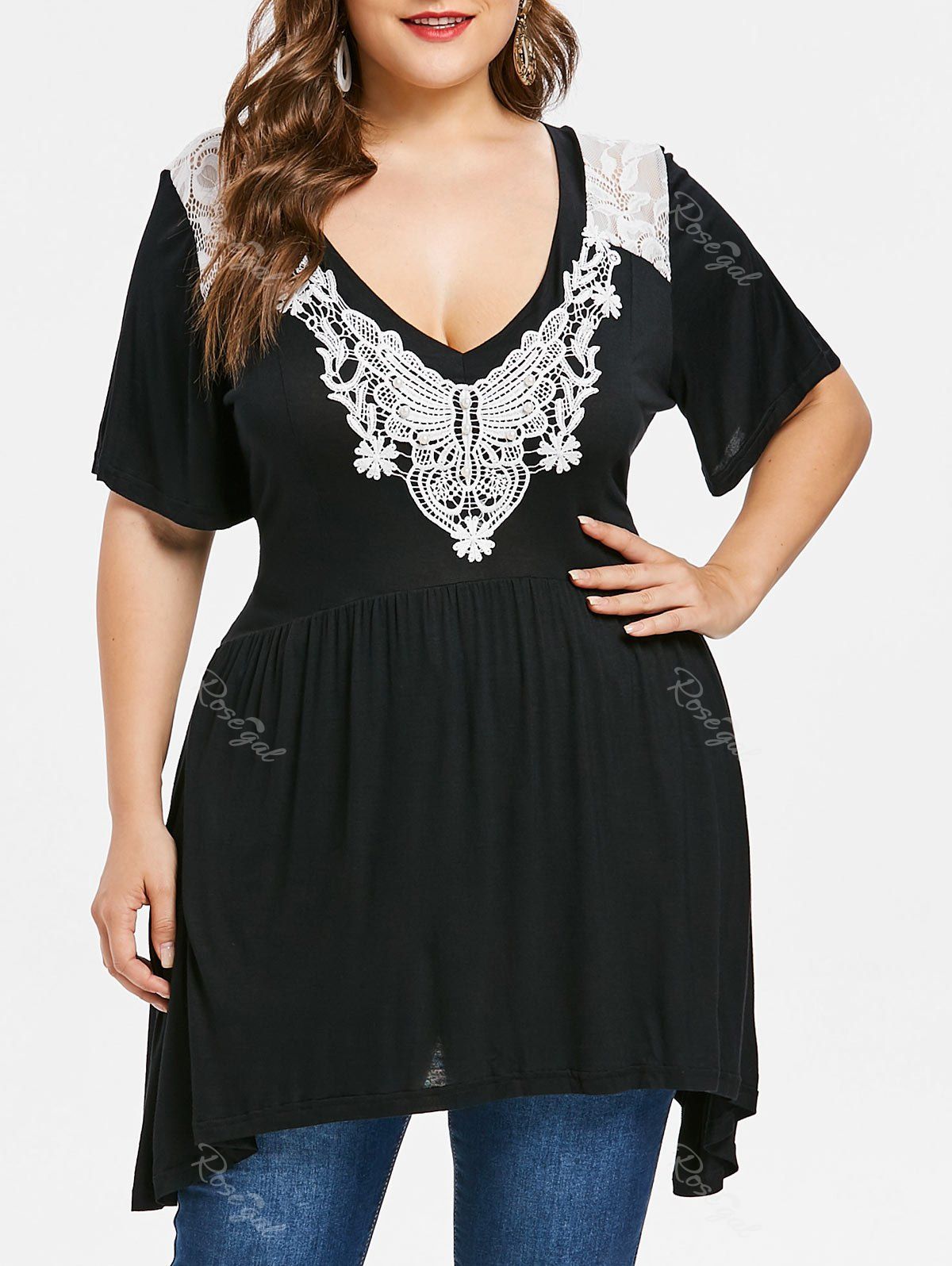 

Plus Size Applique Lace Swing T-shirt, Black