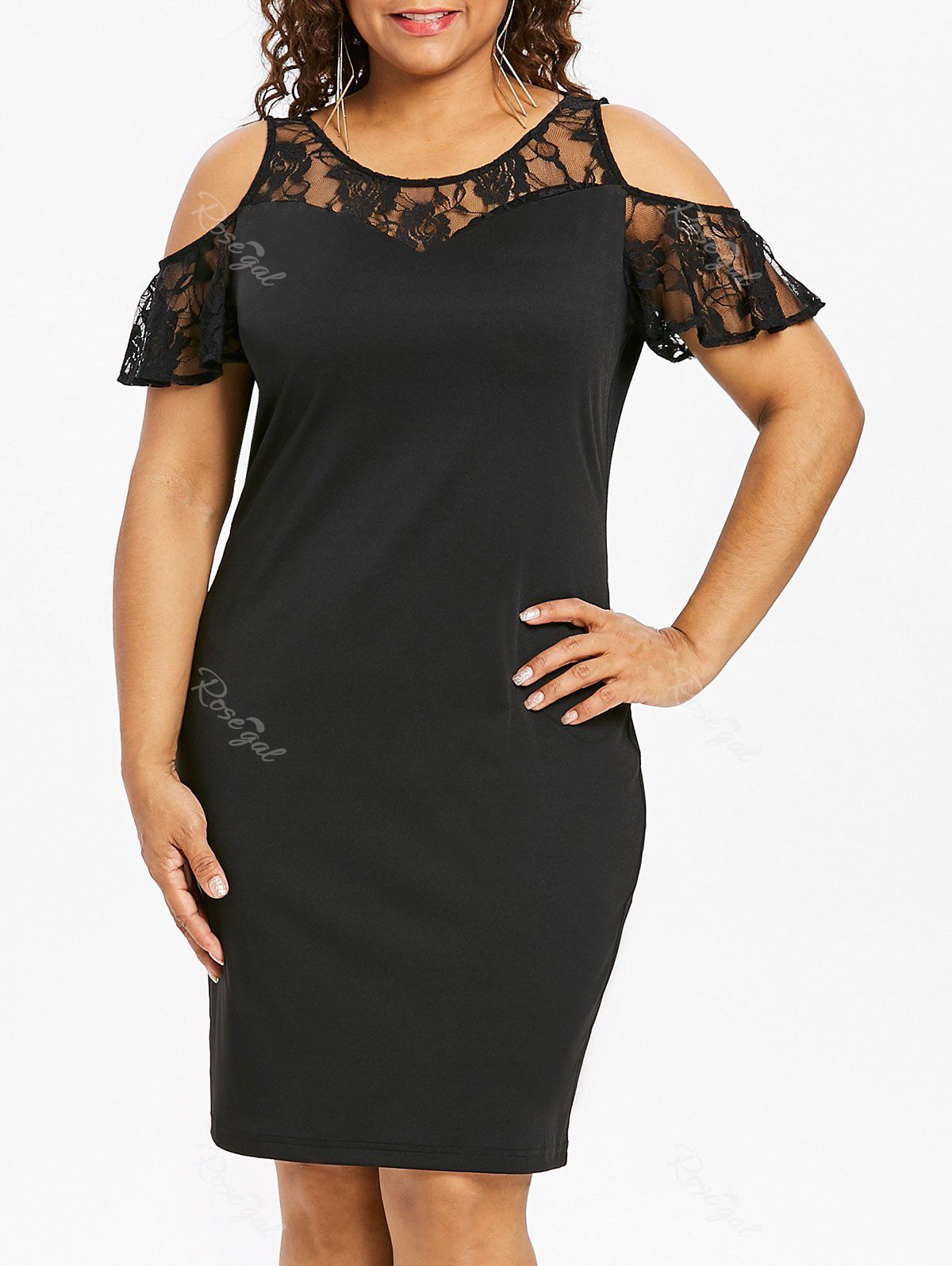 

Plus Size Open Shoulder Lace Trim Dress, Black