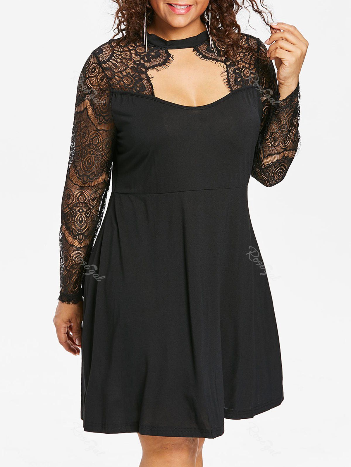 

Plus Size Lace Insert Cut Out Dress, Black