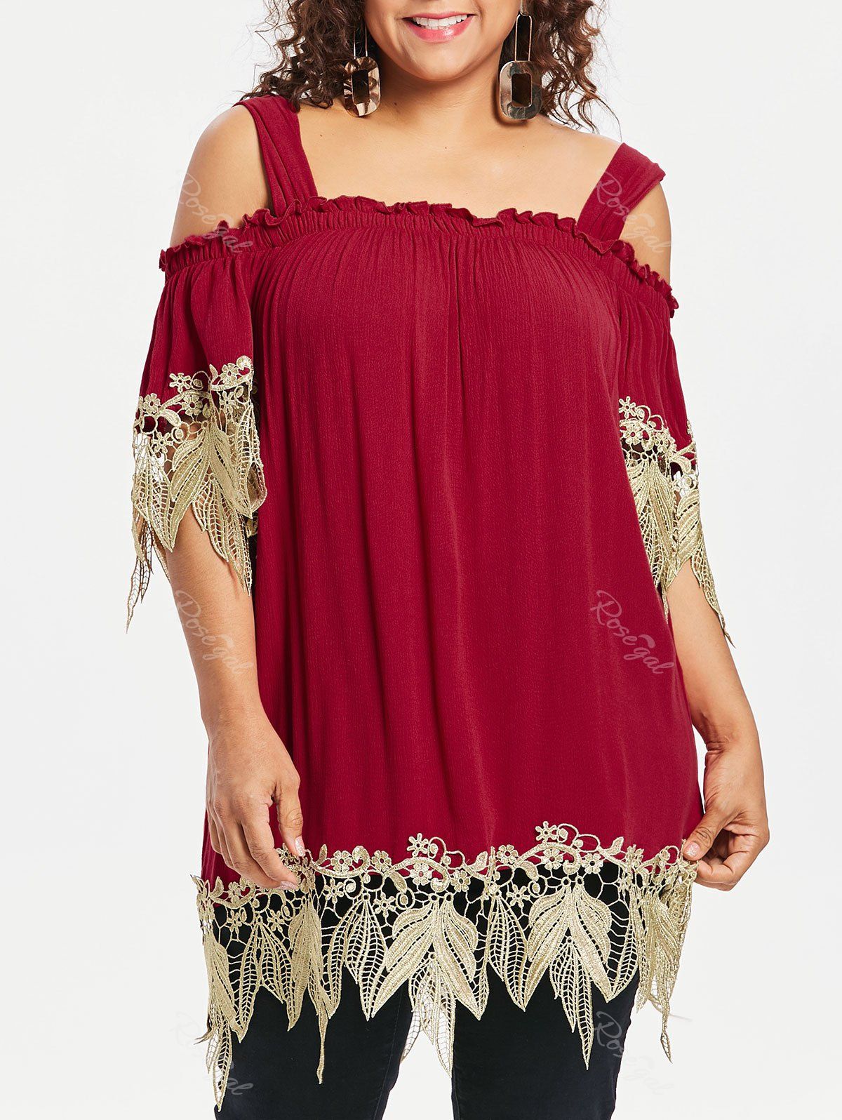 

Plus Size Cold Shoulder Square Neck Blouse, Red