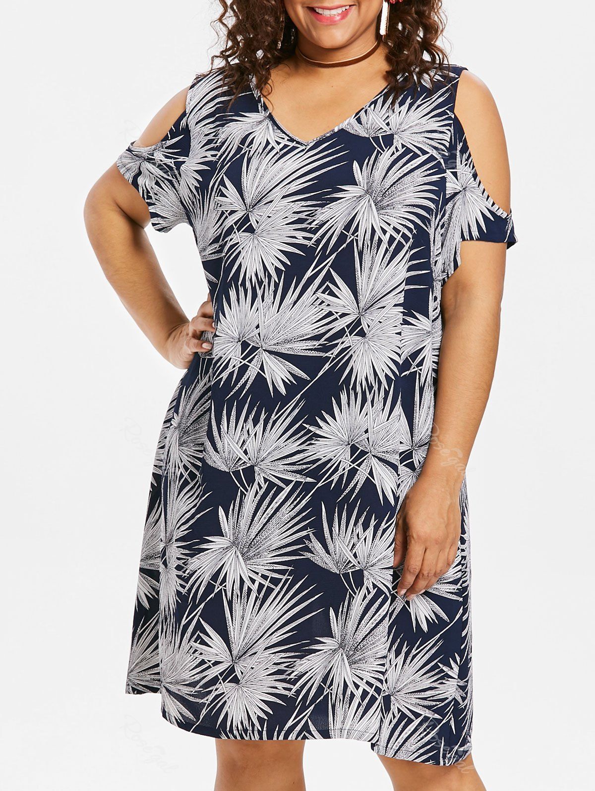 

Plus Size Leaf Cold Shoulder Dress, Blue