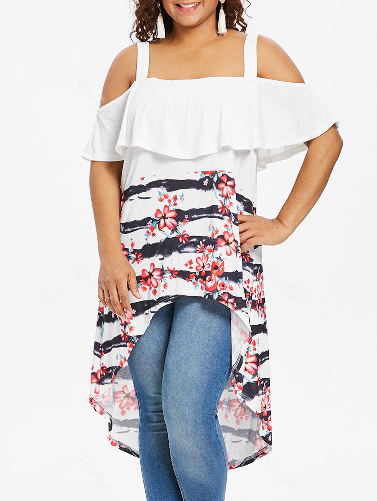 

Ruffle Insert Plus Size High Low T-shirt, White