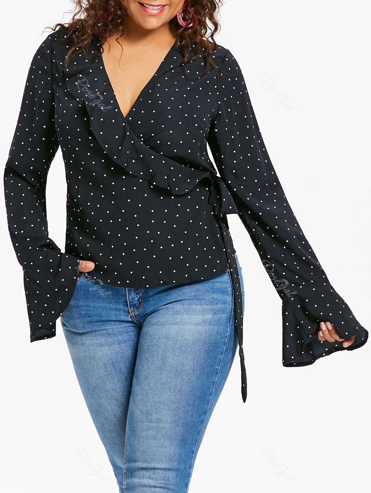 

Plus Size Polka Dot Surplice Blouse, Black