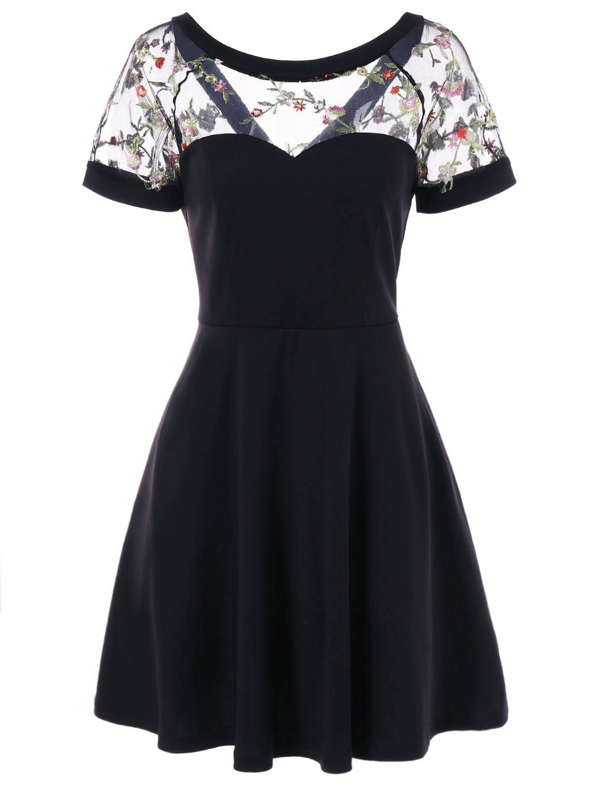 

Floral Mesh Panel Fit and Flare Dress, Black