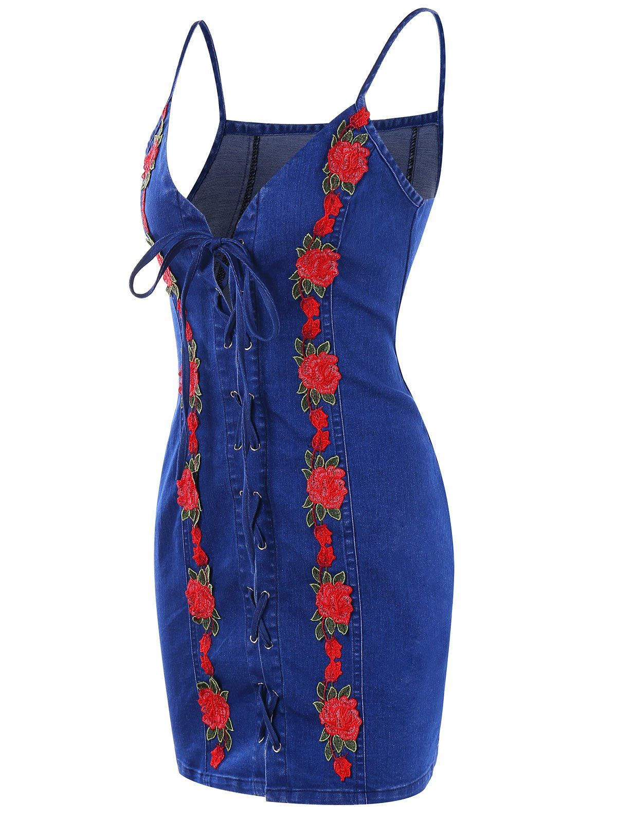 

Lace Up Embroidery Mini Denim Dress, Royal blue