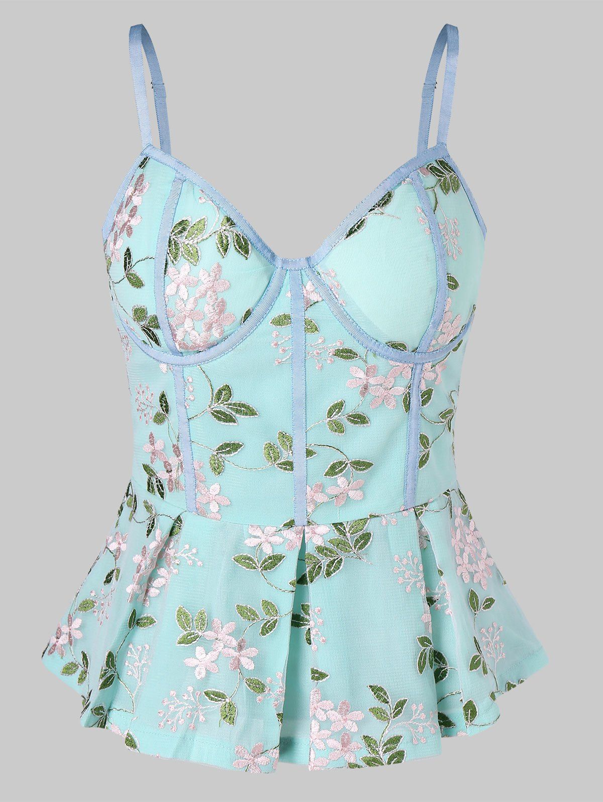 

Spaghetti Strap Embroidered Flounced Tank Top, Cyan or aqua