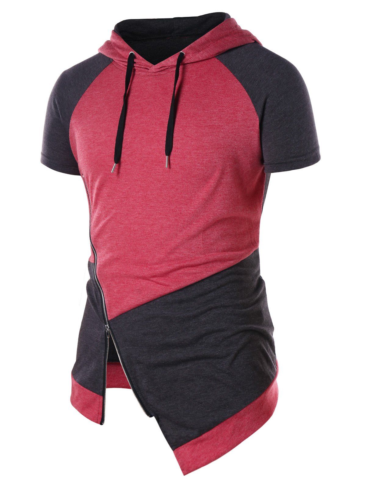 

Asymmetric Zip Embellish Color Block Hoodie, Fire engine red