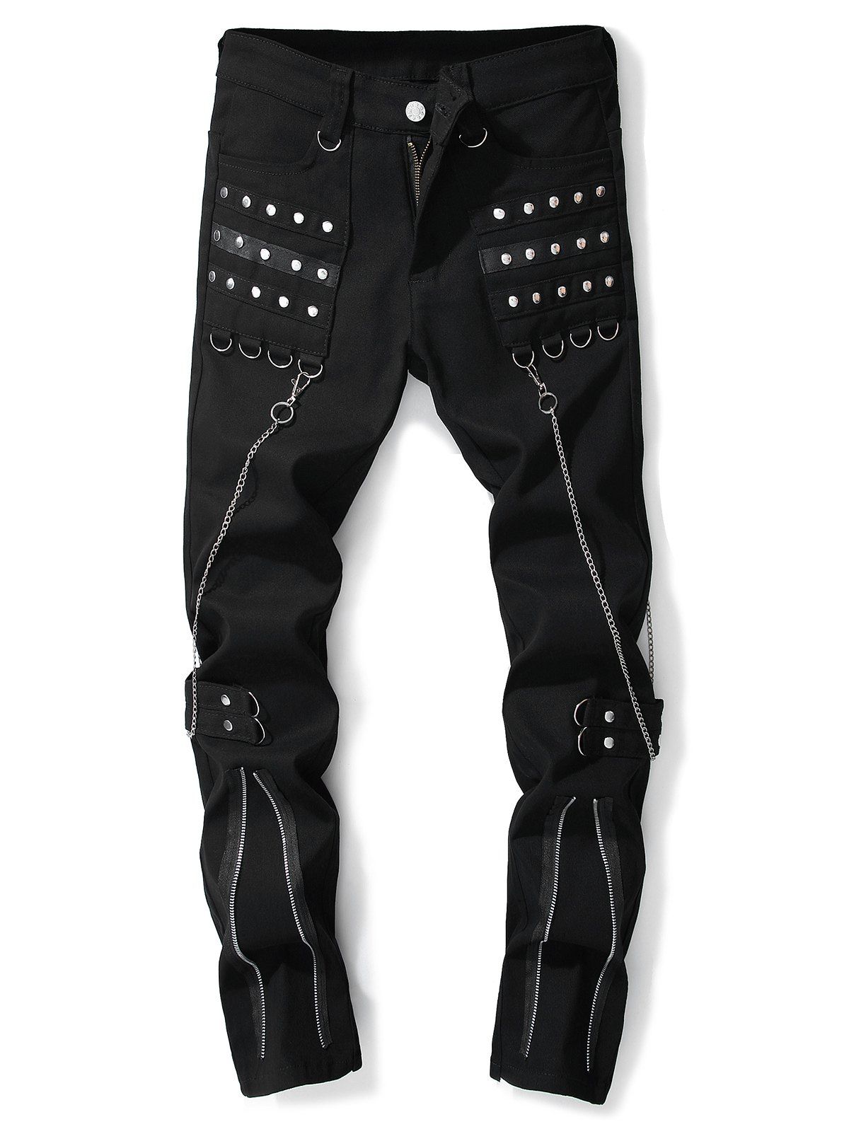 

Link Chain Decorated Pleated Two-pocket Flare Jeans, Black