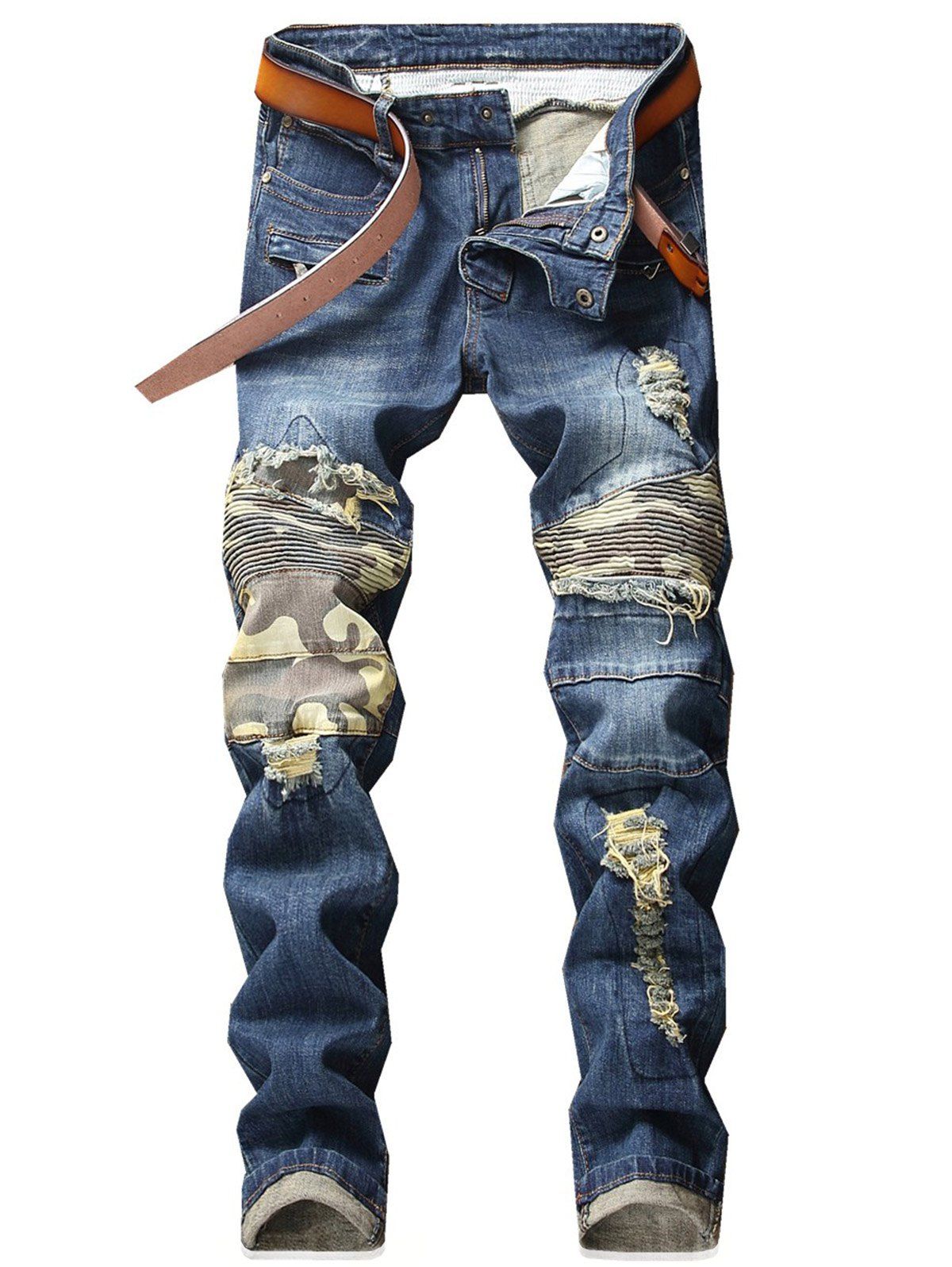 

Camo Patchwork Distressed Destroyed Straight Jeans, Denim dark blue