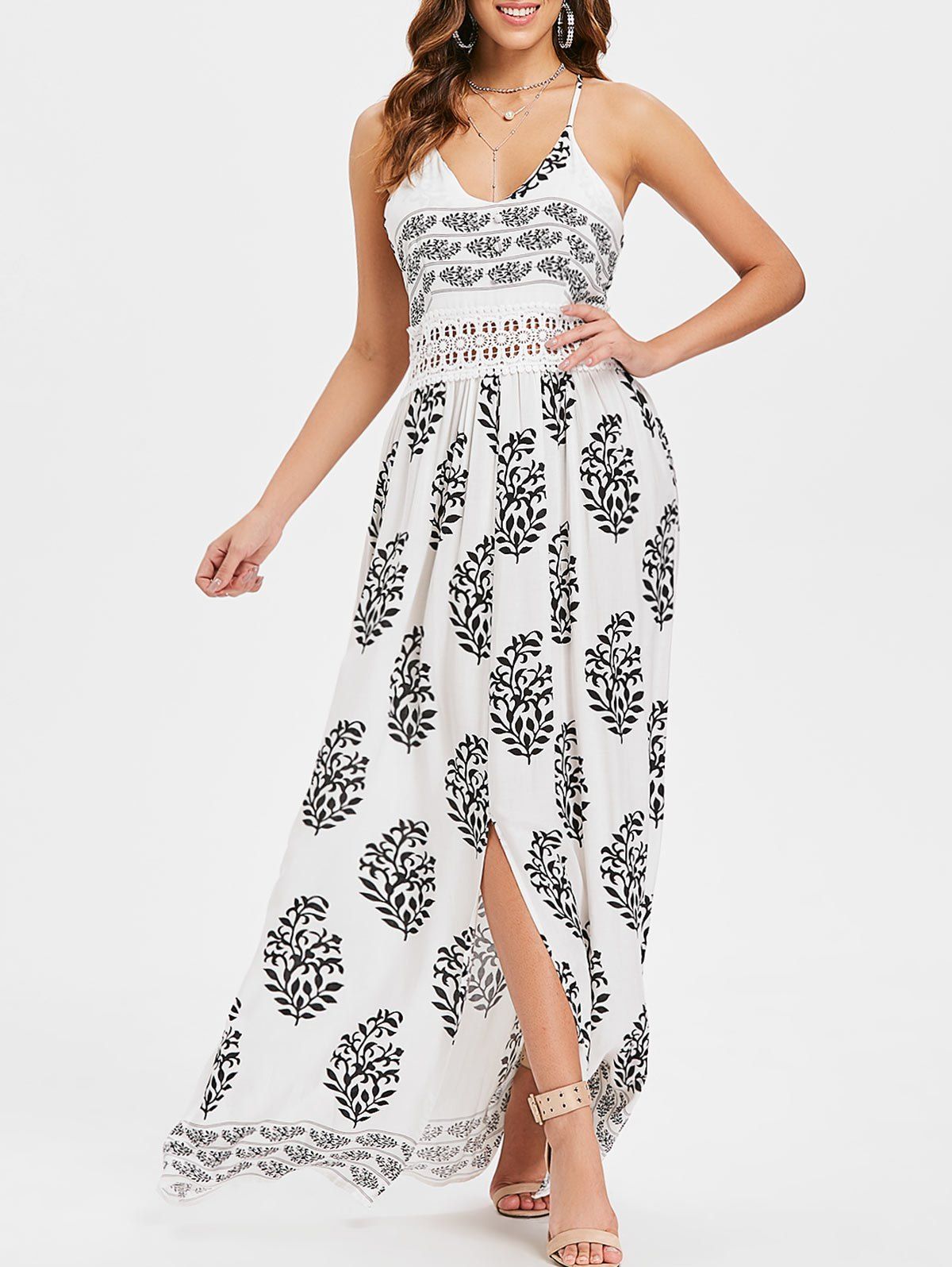 

Leaf Print Side Slit Dress, Multi