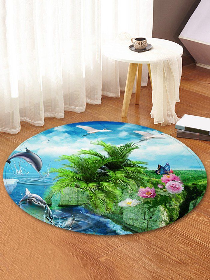

Dolphin Flower Butterfly Print Round Coral Fleece Floor Rug, Multi