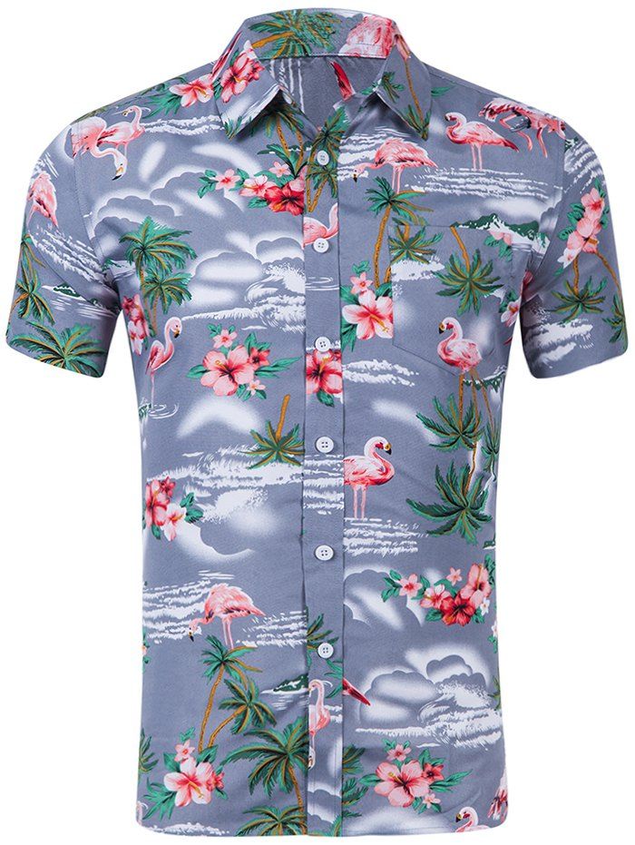 

Single Chest Pocket Red-crowned Crane Print Casual Shirt, Gray