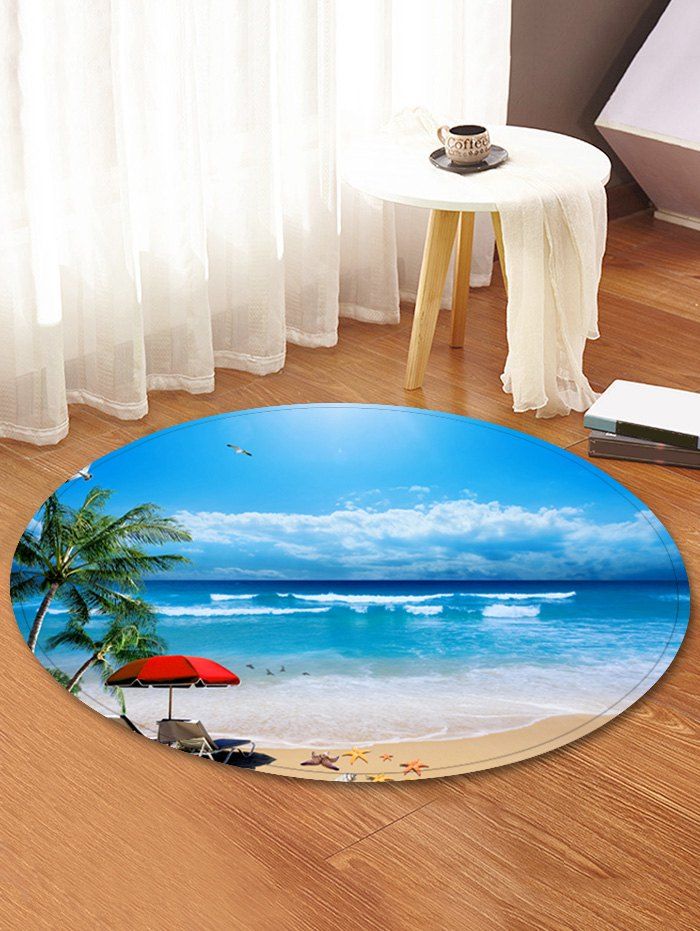 

Coconut Palm Sea Beach Print Round Coral Fleece Floor Rug, Multi