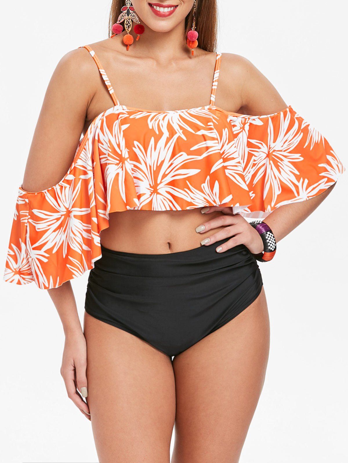 

Flounce High Leg Flower Bikini Set, Tangerine