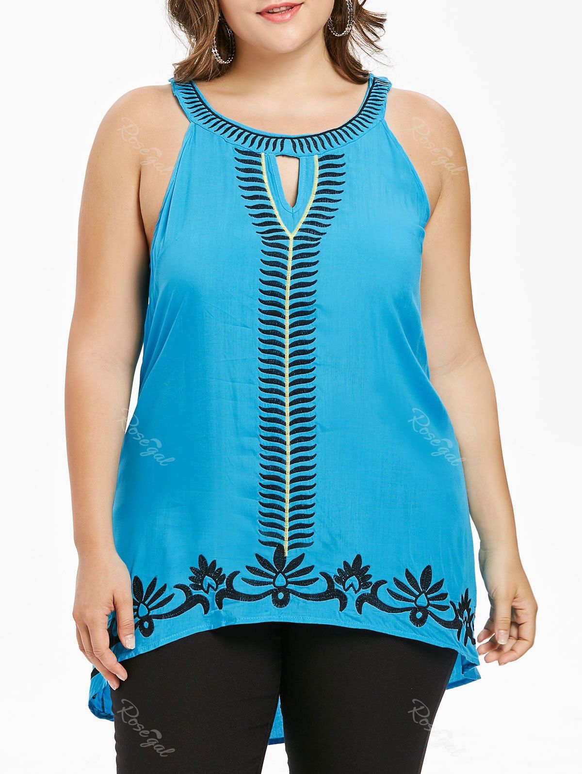 

Keyhole Neck Plus Size Embroidery Tank Top, Blue