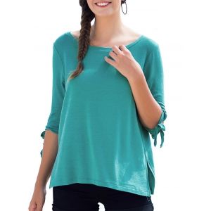 

Round Neck Bow Tie Sleeves Causal Tee, Blue green