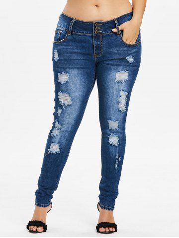 

Plus Size Ripped High Waisted Jeans, Denim dark blue