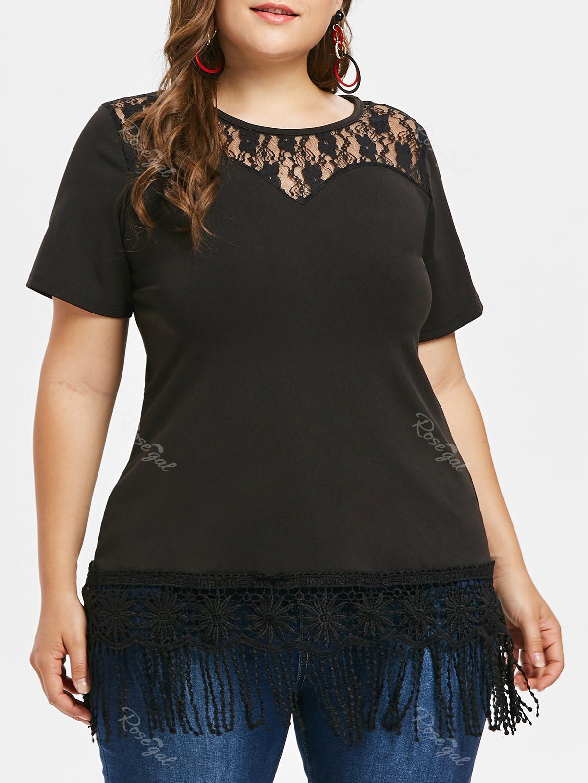 

Lace Panel Plus Size Fringe Trim T-shirt, Black