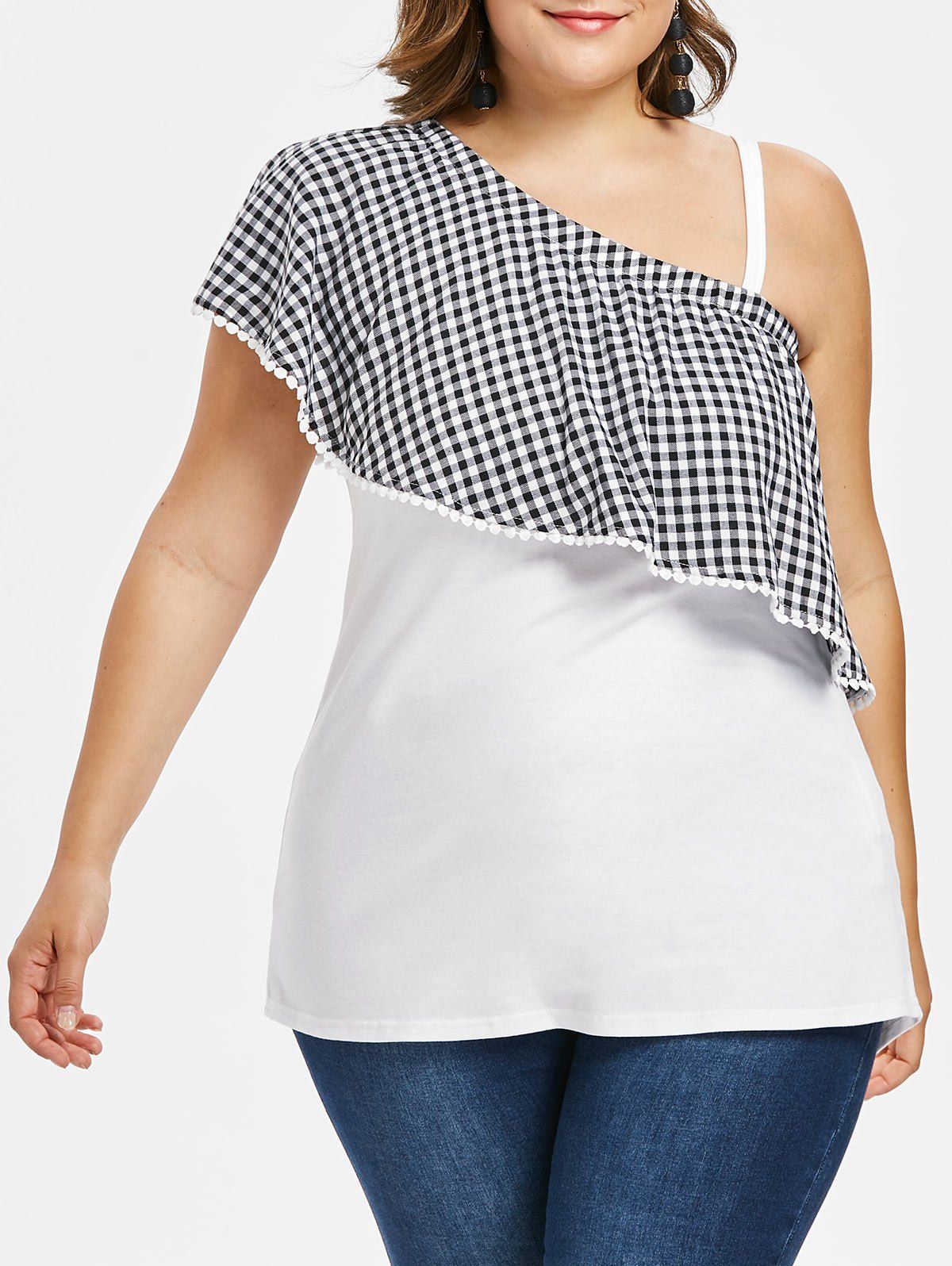 

Skew Neck Plus Size Gingham Print T-shirt, White