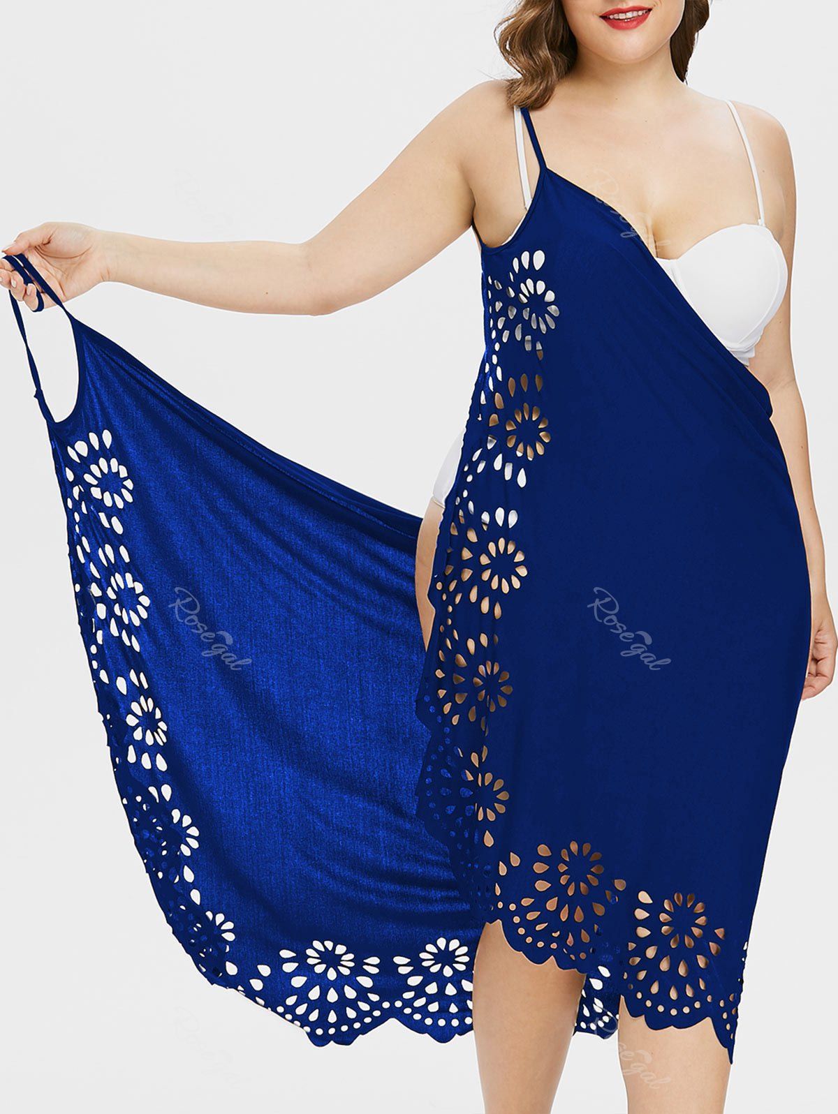 

Plus Size Openwork Floral Slip Cover Up Dress, Deep blue