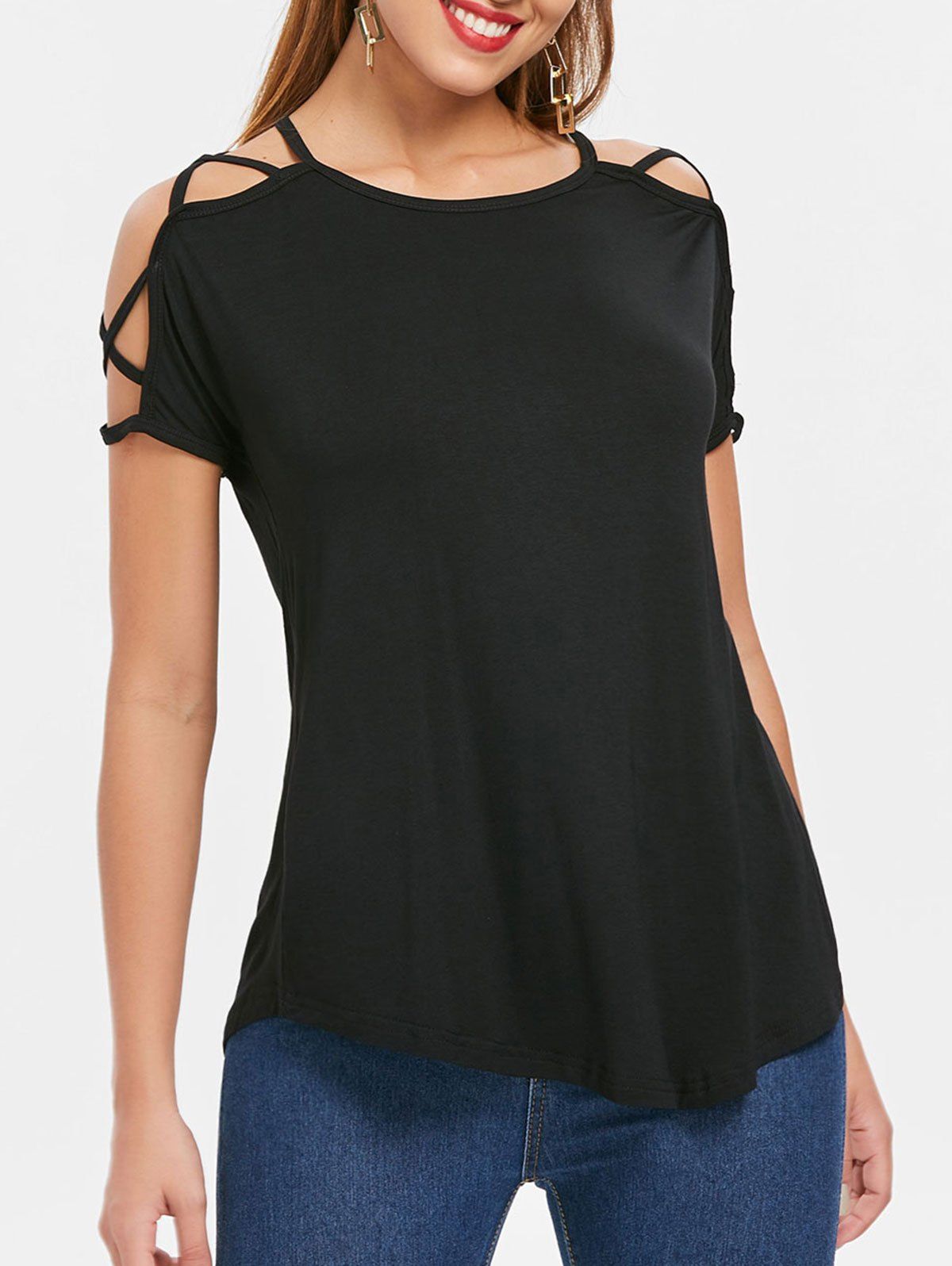 

Hollow Out Criss Cross Sleeve T-shirt, Black