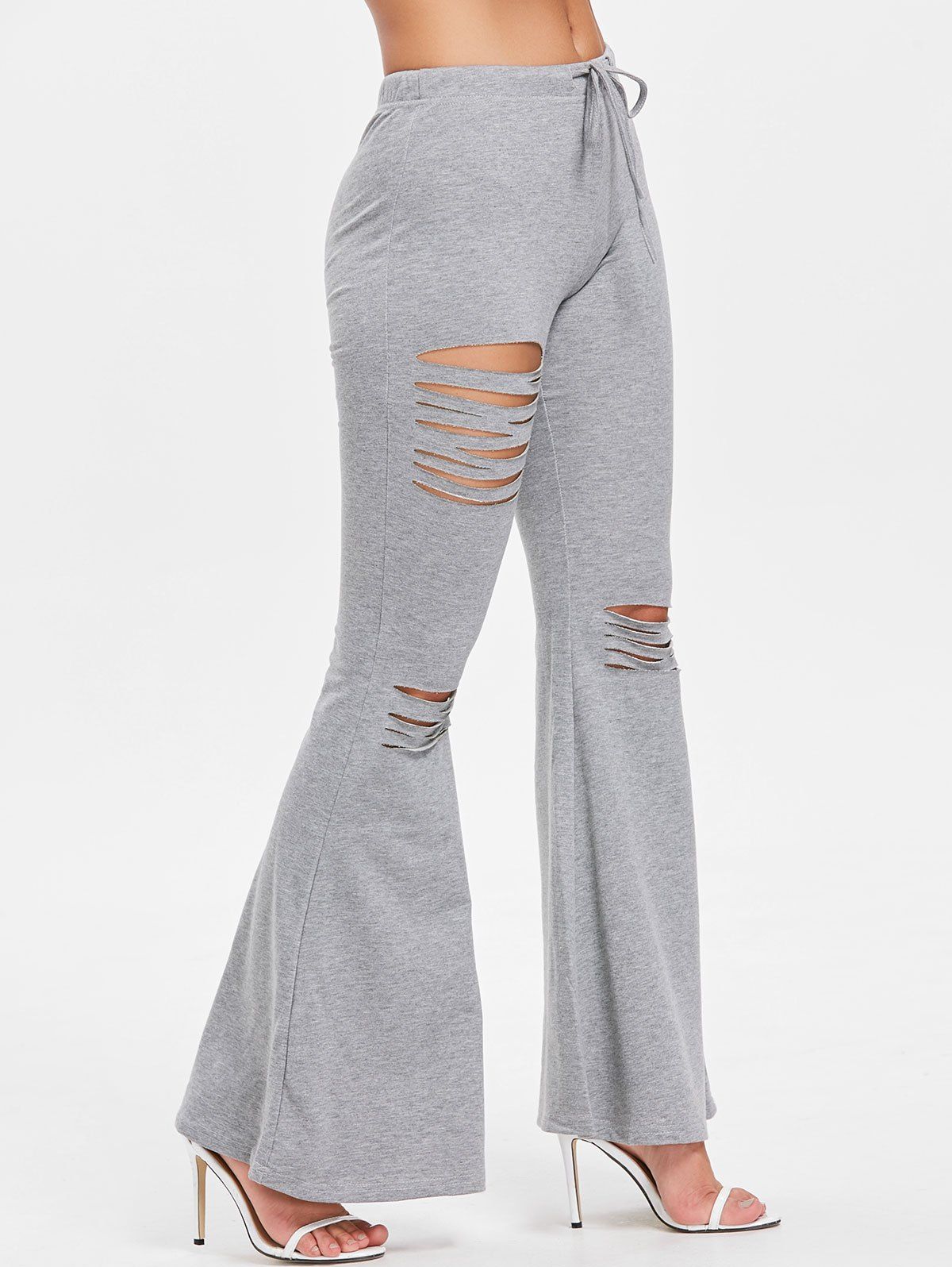 

High Waisted Drawstring Ripped Flare Pants, Gray