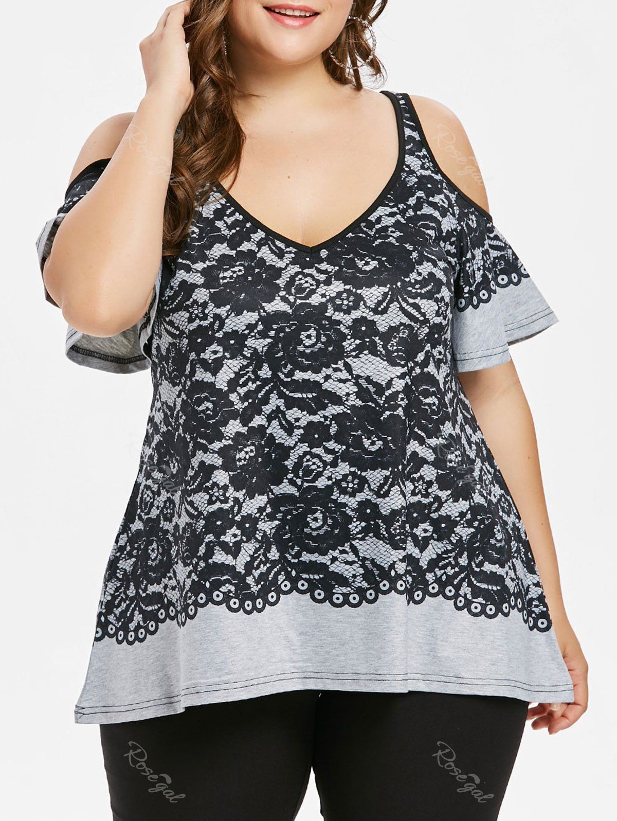 

Lace Print Plus Size Shoulder Cut T-shirt, Multi-a