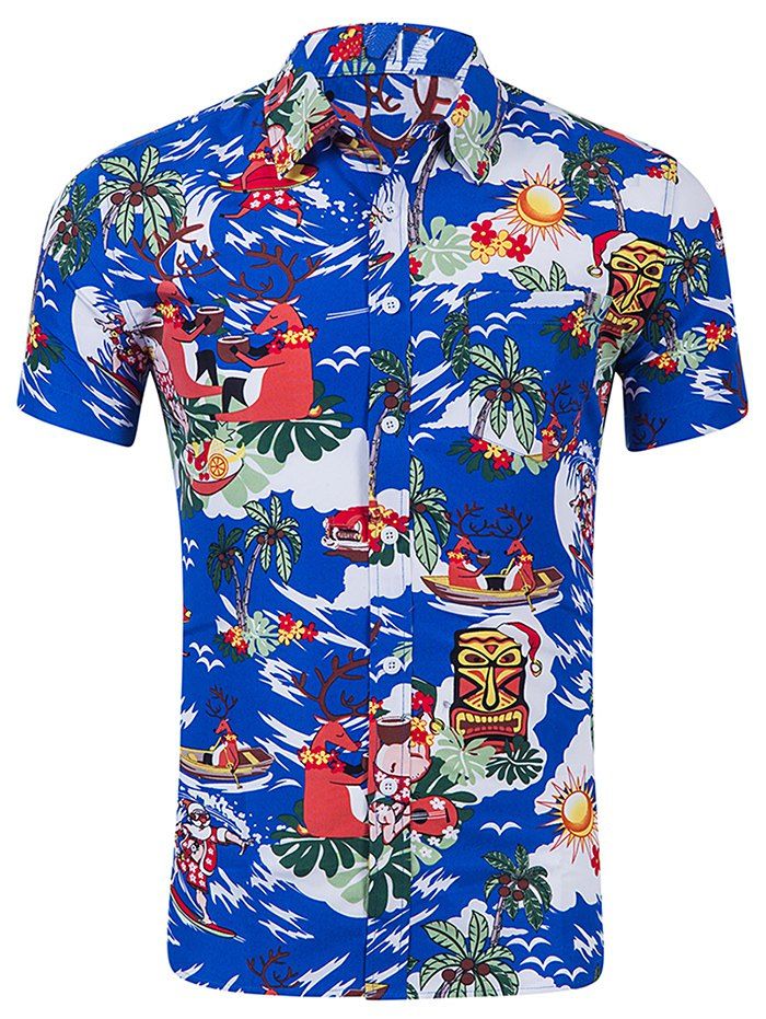

Left Chest Pocket Animal Coconut Palm Print Shirt, Blueberry blue